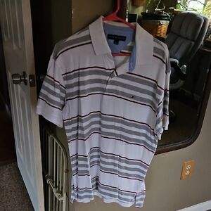 Tommy Hilfiger Men's Polo Shirt - White, Gray, Red Stripes Large